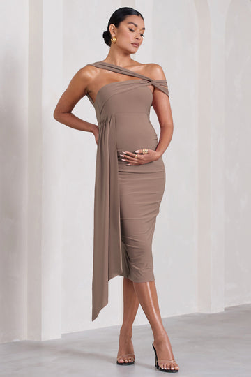 Just Wait Mocha Asymmetric Strappy Maternity Midi Dress With Drape